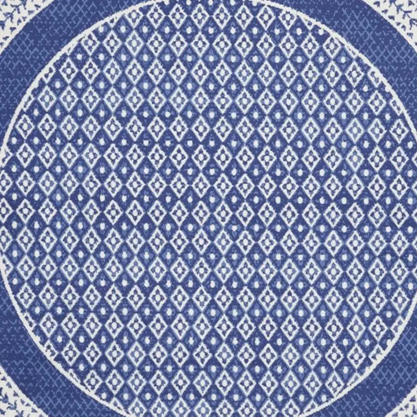 5' Ivory and Navy Blue Geometric Distressed Round Rug Photo 7