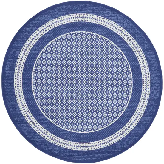 5' Ivory and Navy Blue Geometric Distressed Round Rug Photo 4