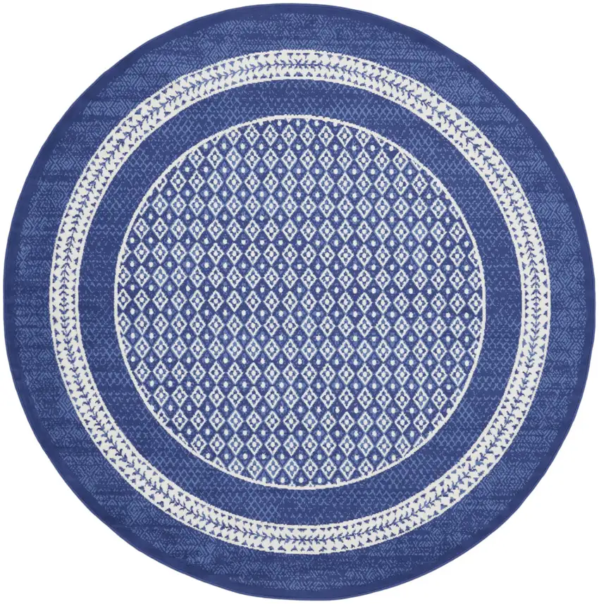 5' Ivory and Navy Blue Geometric Distressed Round Rug Photo 4