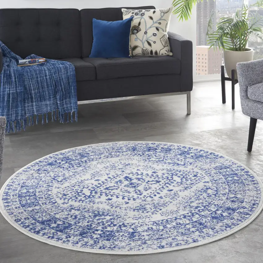 5' Ivory and Navy Blue Geometric Distressed Round Rug Photo 7