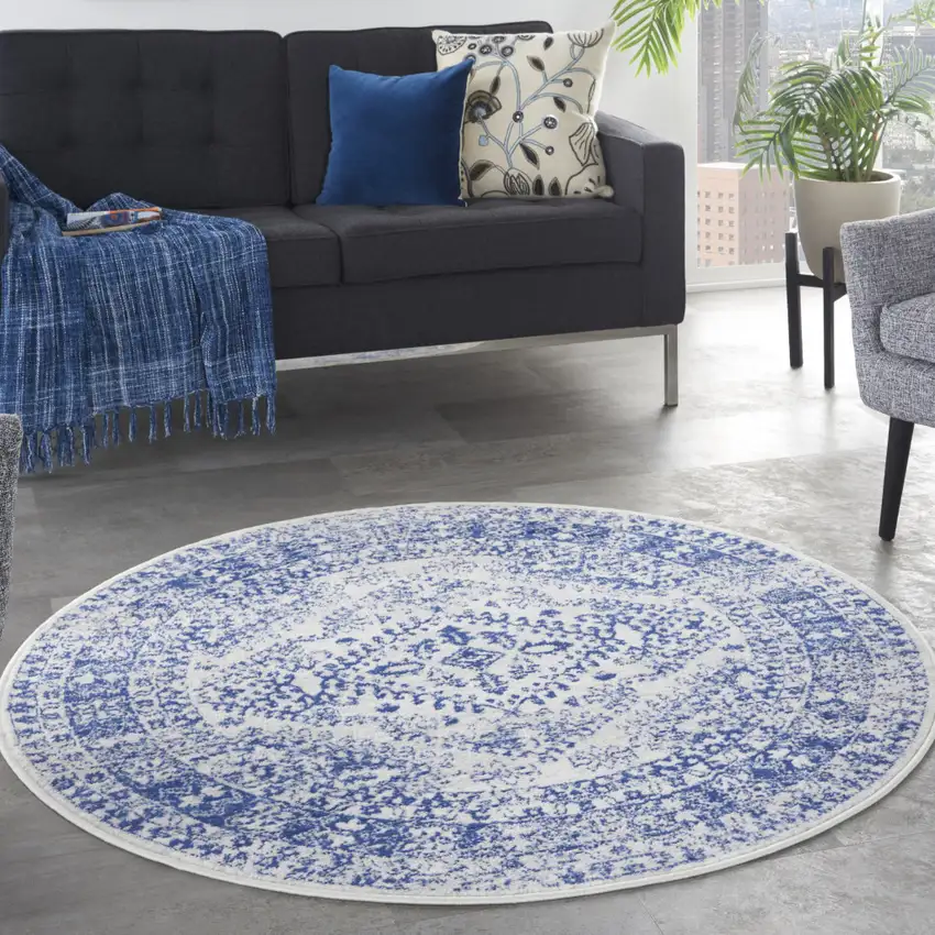 5' Ivory and Navy Blue Geometric Distressed Round Rug Photo 5