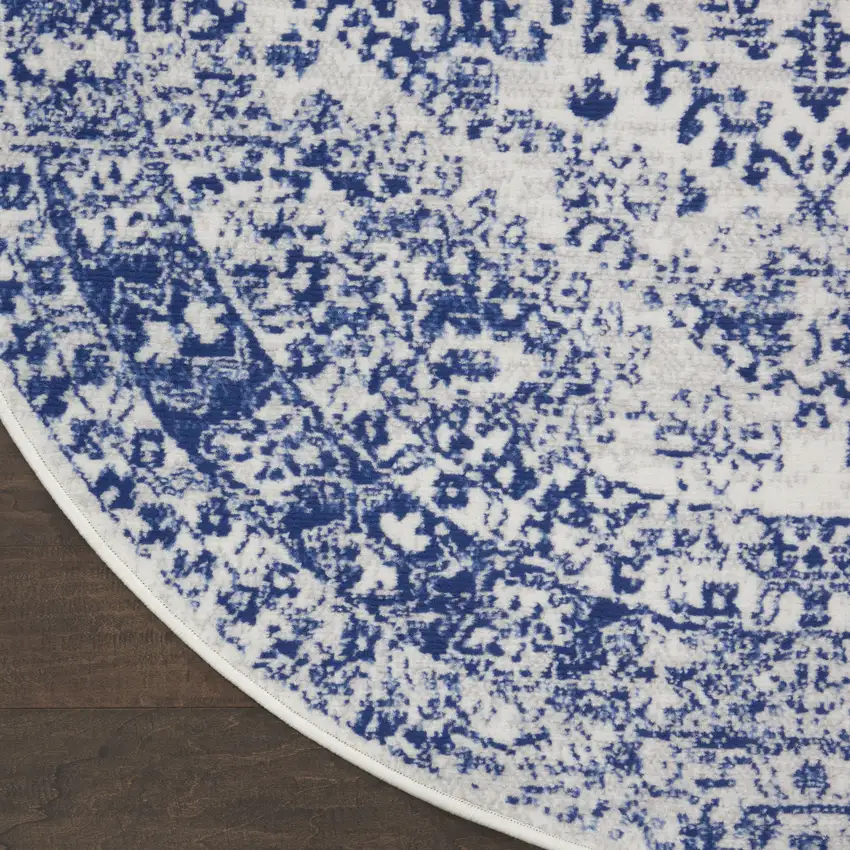 5' Ivory and Navy Blue Geometric Distressed Round Rug Photo 7