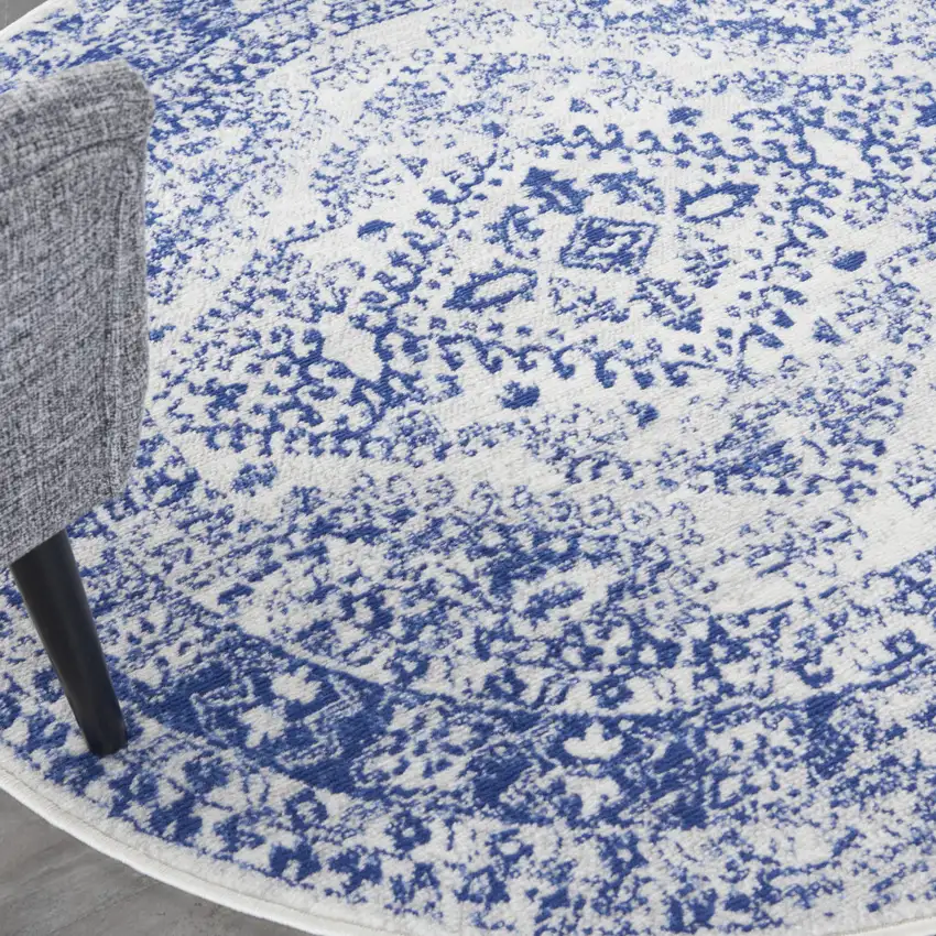 5' Ivory and Navy Blue Geometric Distressed Round Rug Photo 4