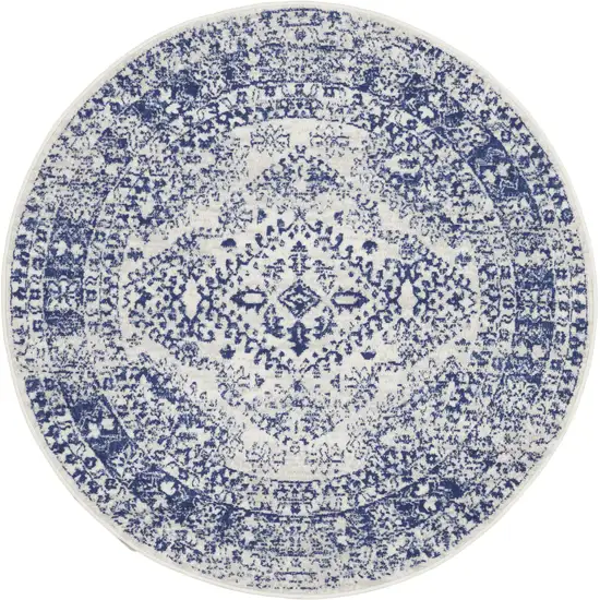 5' Ivory and Navy Blue Geometric Distressed Round Rug Photo 1