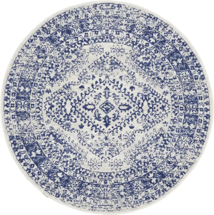 5' Ivory and Navy Blue Geometric Distressed Round Rug Photo 1