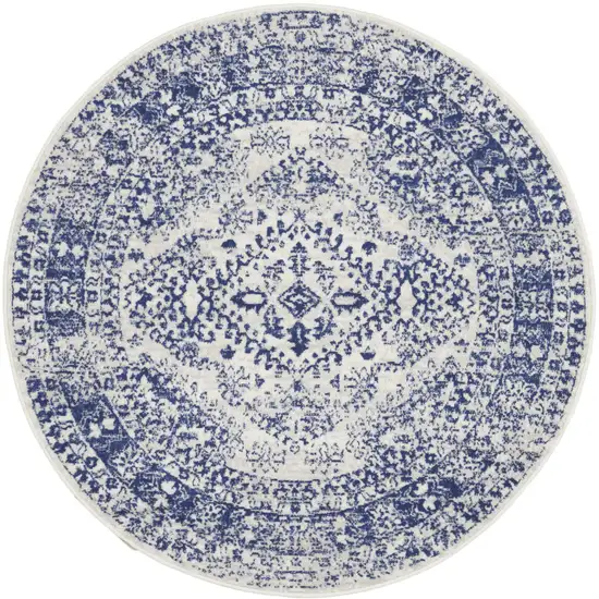 5' Ivory and Navy Blue Geometric Distressed Round Rug Photo 2
