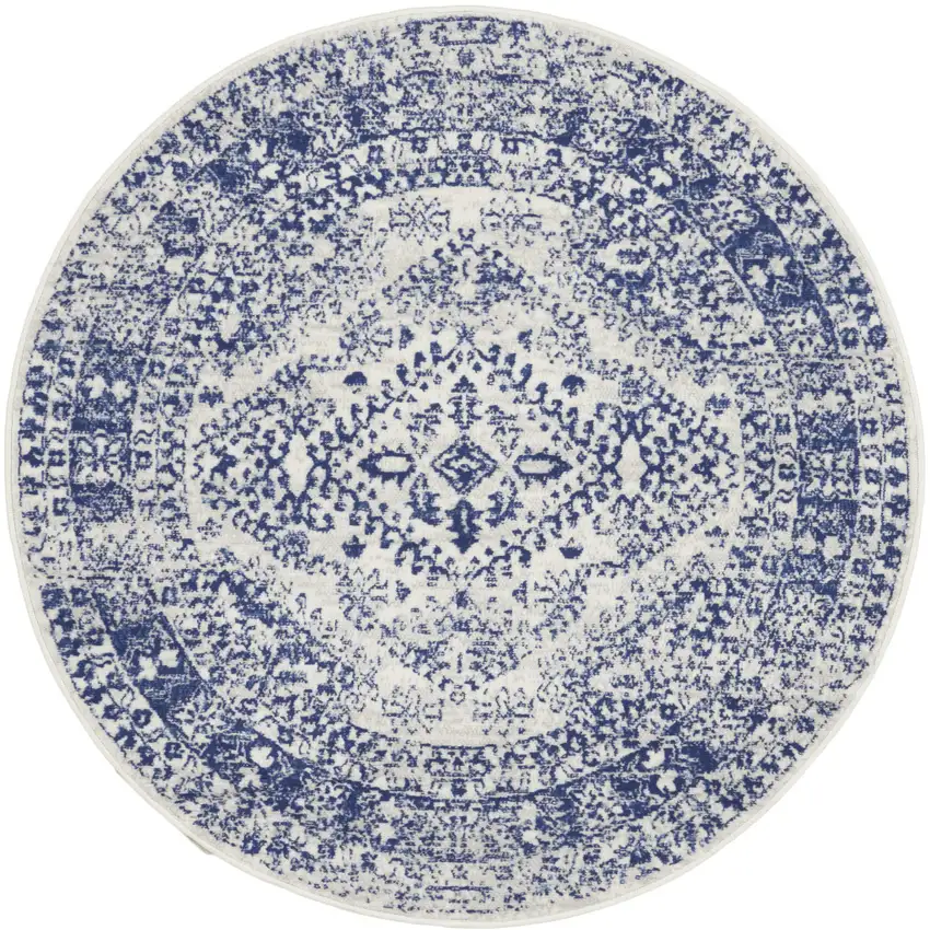 5' Ivory and Navy Blue Geometric Distressed Round Rug Photo 2