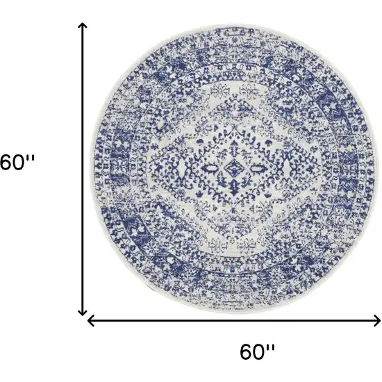 5' Ivory and Navy Blue Geometric Distressed Round Rug Photo 3
