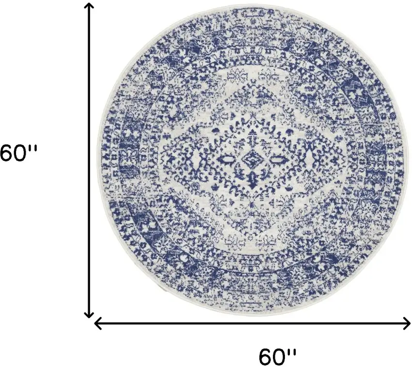 5' Ivory and Navy Blue Geometric Distressed Round Rug Photo 3