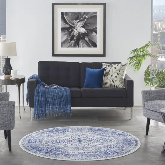 5' Ivory and Navy Blue Geometric Distressed Round Rug Photo 6