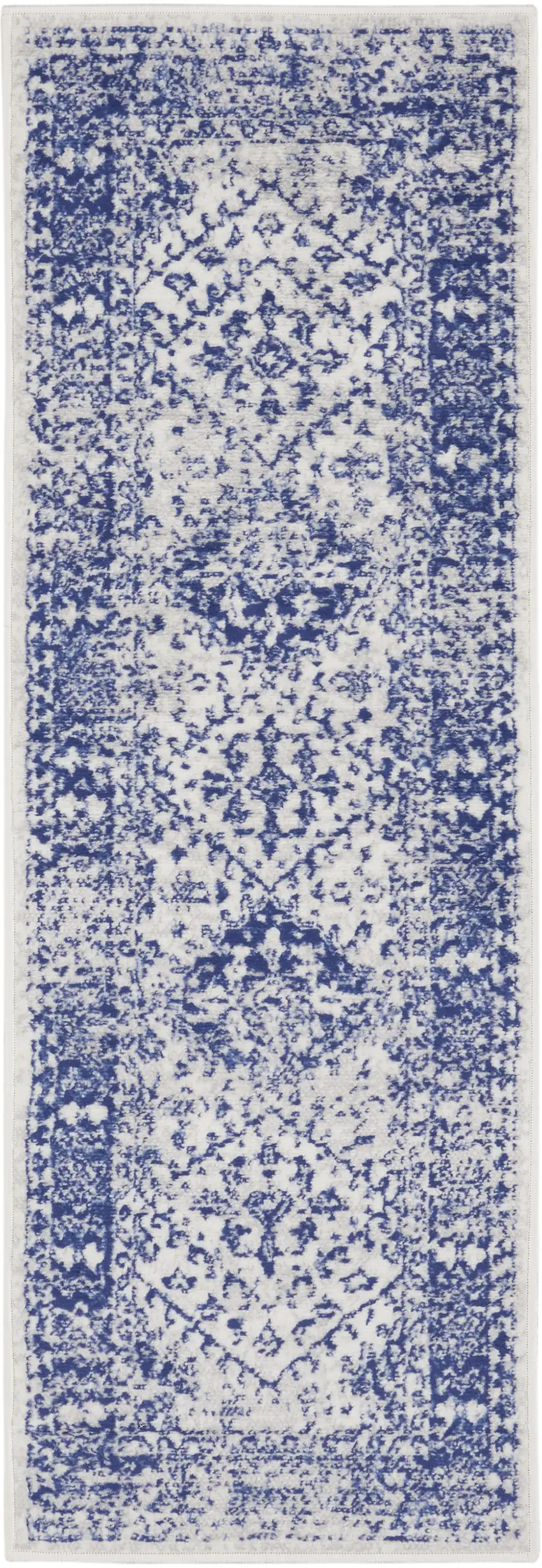6' Ivory and Navy Blue Geometric Distressed Runner Rug Photo 2