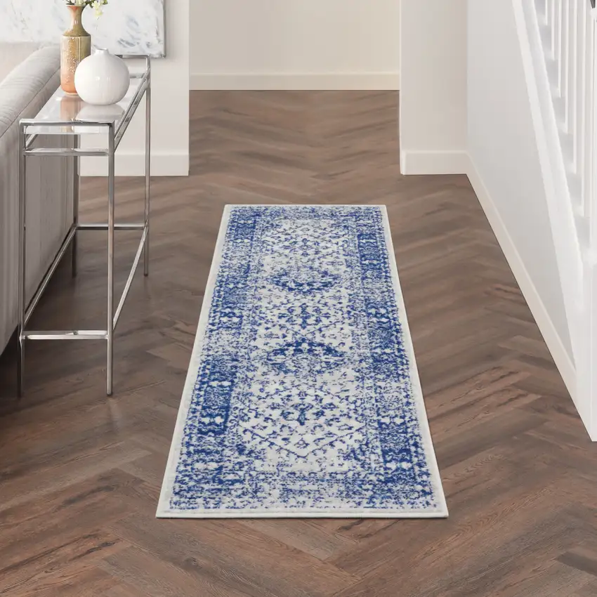 6' Ivory and Navy Blue Geometric Distressed Runner Rug Photo 8