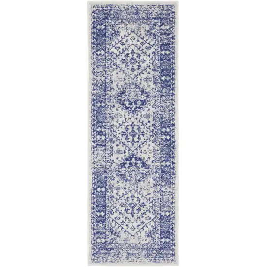 6' Ivory and Navy Blue Geometric Distressed Runner Rug Photo 1