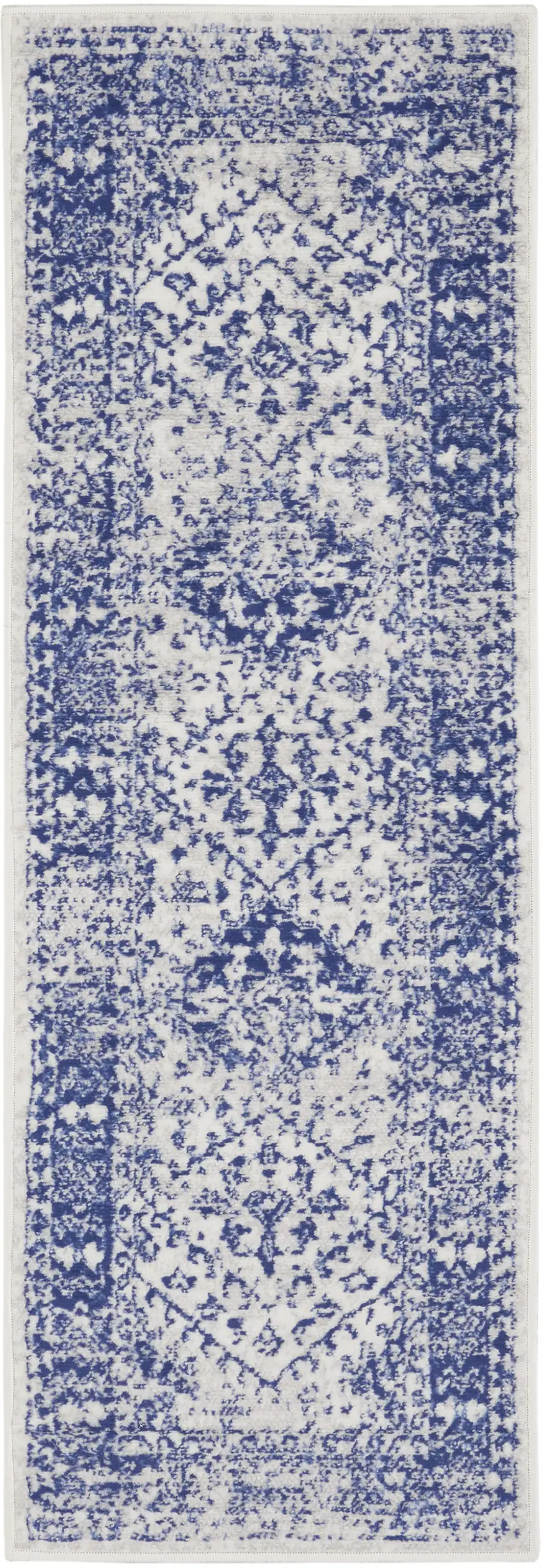 6' Ivory and Navy Blue Geometric Distressed Runner Rug Photo 1