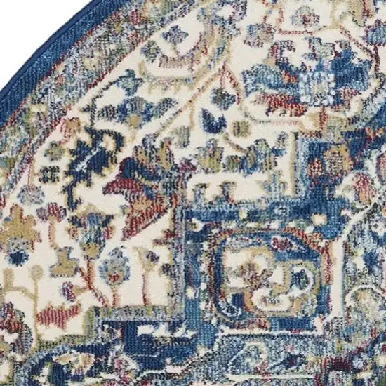 4' Ivory and Orange Floral Medallion Distressed Non Skid Round Rug Photo 7