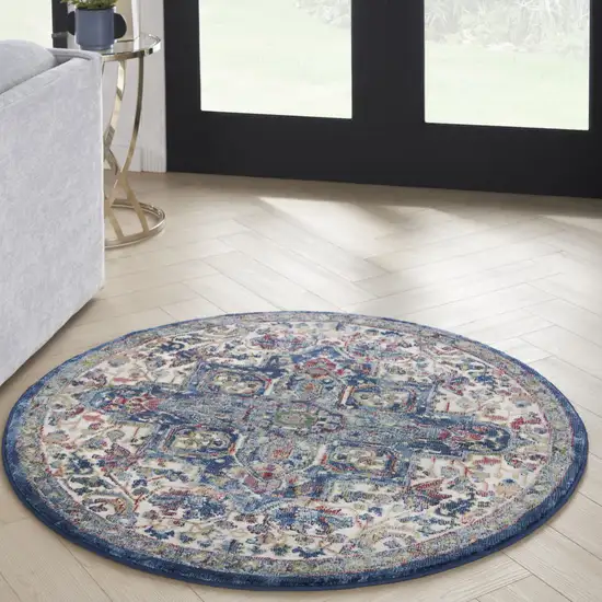 4' Ivory and Orange Floral Medallion Distressed Non Skid Round Rug Photo 5