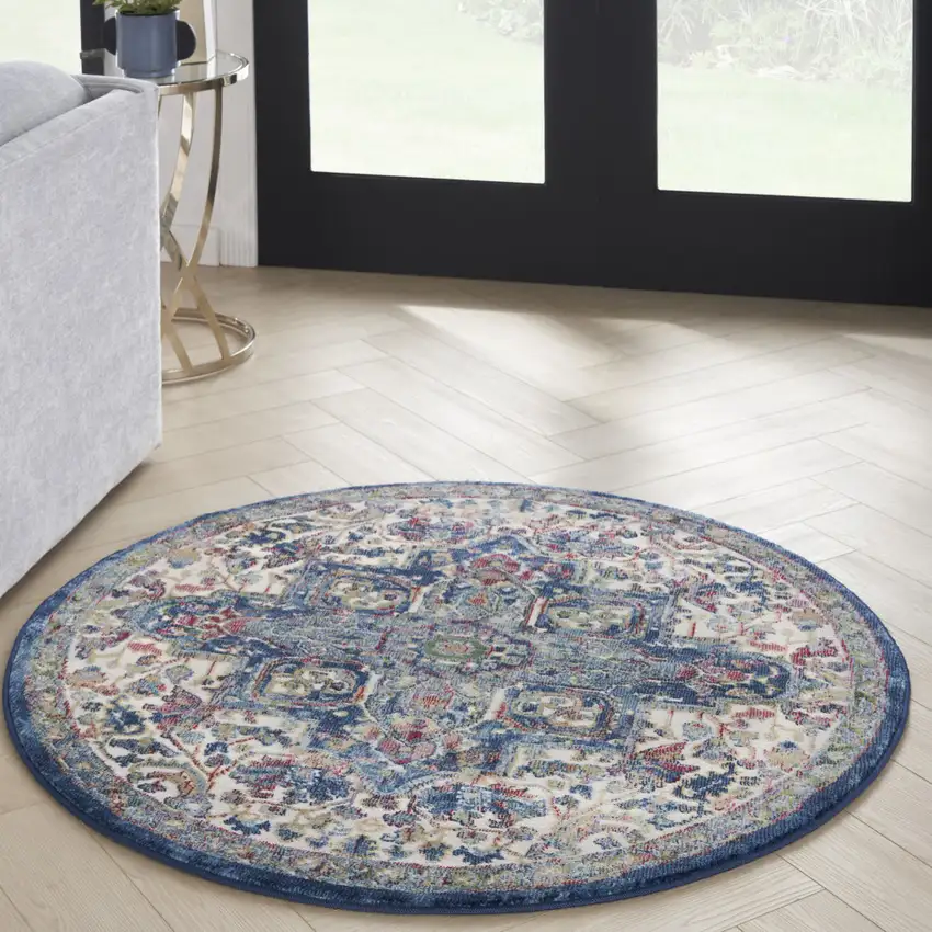 4' Ivory and Orange Floral Medallion Distressed Non Skid Round Rug Photo 5