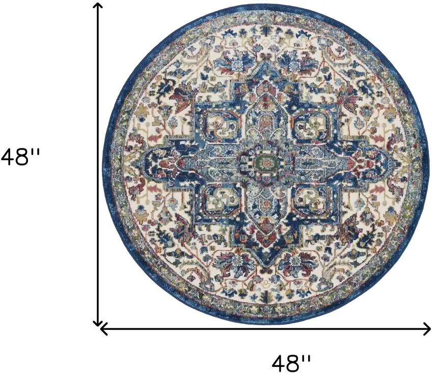 4' Ivory and Orange Floral Medallion Distressed Non Skid Round Rug Photo 3