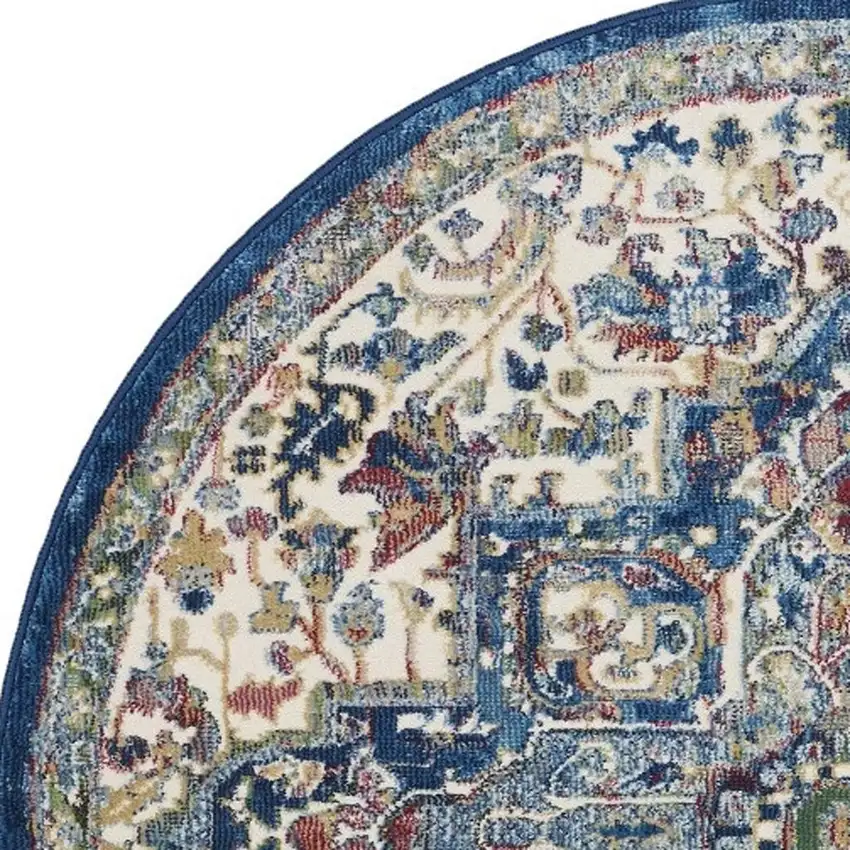 4' Ivory and Orange Floral Medallion Distressed Non Skid Round Rug Photo 3