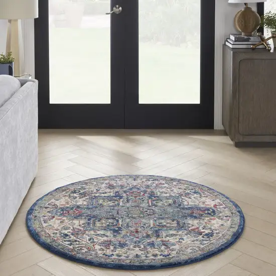 4' Ivory and Orange Floral Medallion Distressed Non Skid Round Rug Photo 6