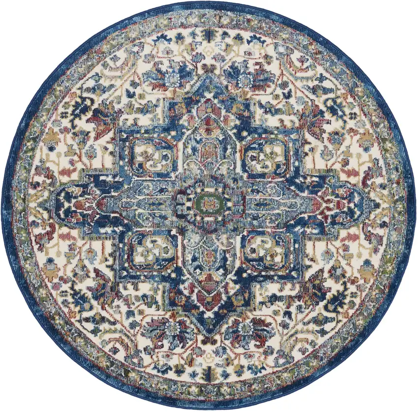 4' Ivory and Orange Floral Medallion Distressed Non Skid Round Rug Photo 2