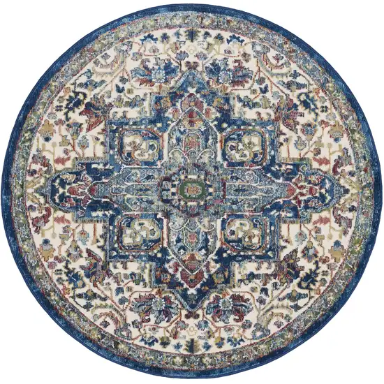 4' Ivory and Orange Floral Medallion Distressed Non Skid Round Rug Photo 4