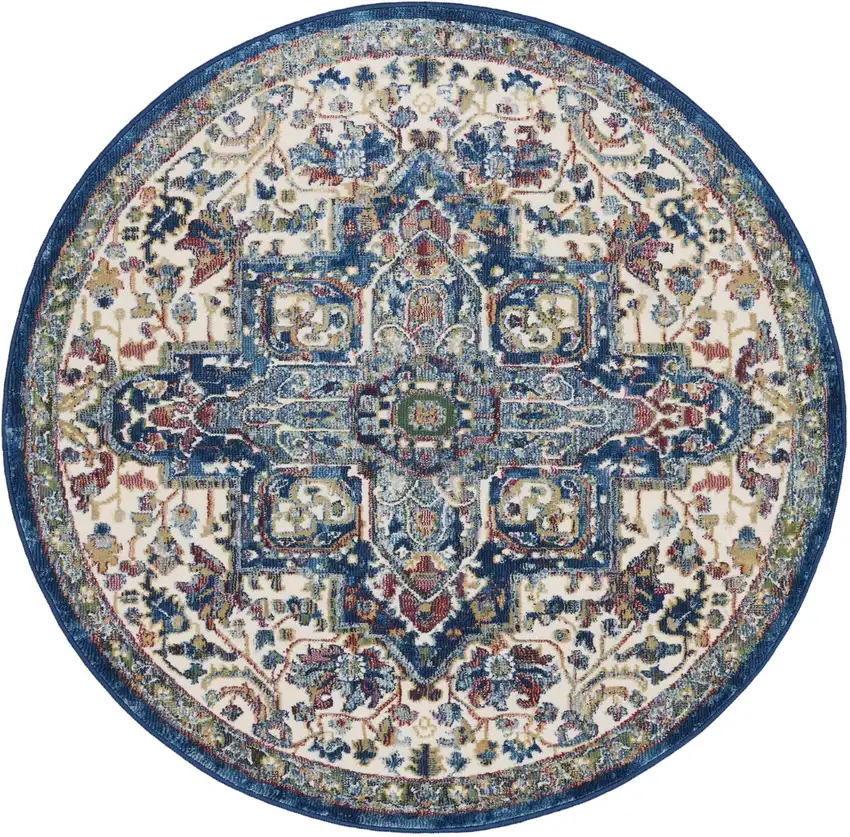 4' Ivory and Orange Floral Medallion Distressed Non Skid Round Rug Photo 4