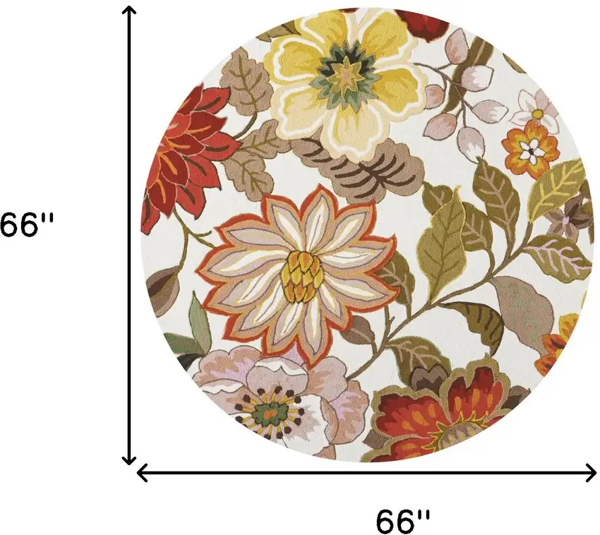 6' Ivory and Red Botanical Leaves Round Rug Photo 3