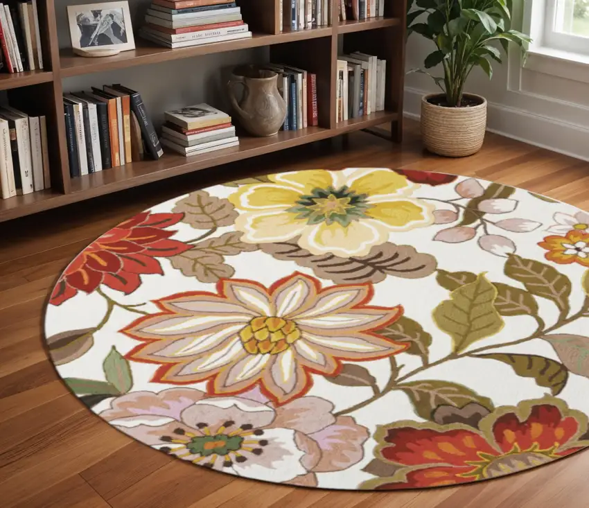 8' Ivory and Red Botanical Leaves Round Rug Photo 1
