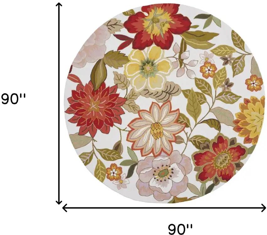 8' Ivory and Red Botanical Leaves Round Rug Photo 3