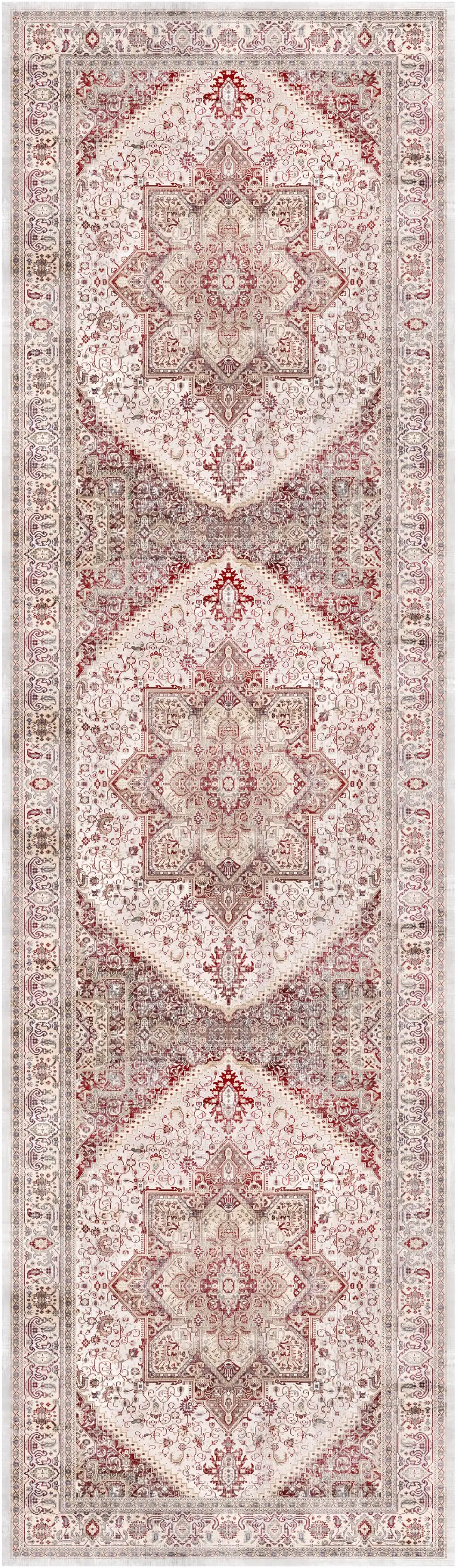 8' Ivory and Red Floral Medallion Distressed Non Skid Runner Rug Photo 2