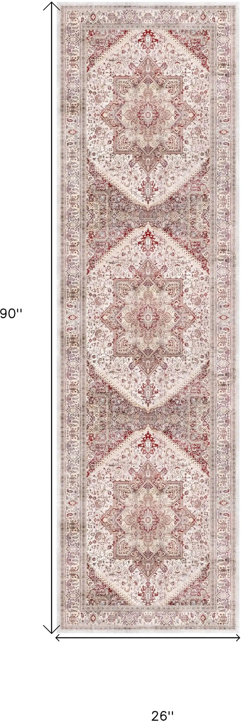 8' Ivory and Red Floral Medallion Distressed Non Skid Runner Rug Photo 3