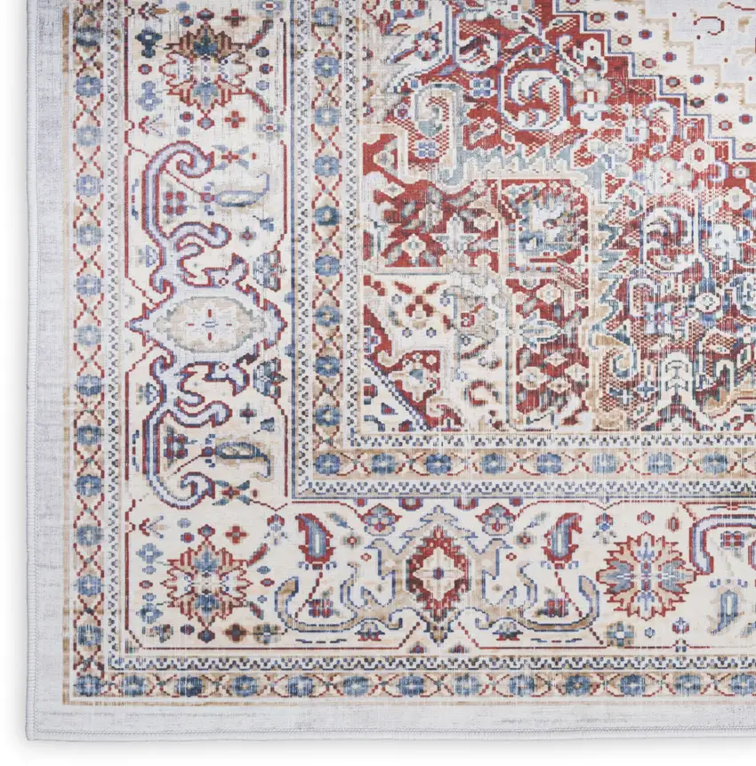 8' Ivory and Red Floral Medallion Distressed Non Skid Runner Rug Photo 7