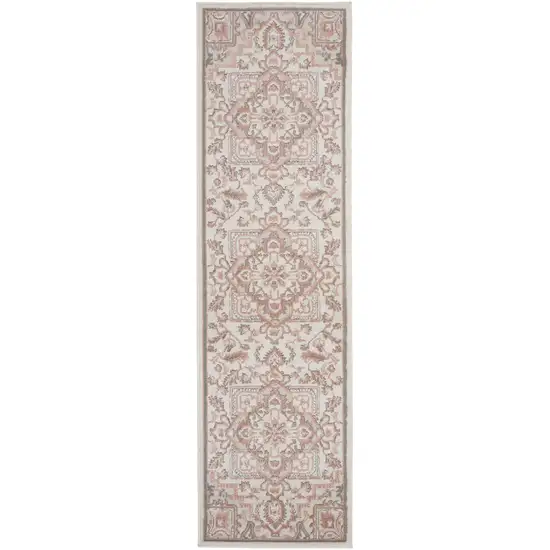 8' Ivory and Red Floral Non Skid Runner Rug Photo 1