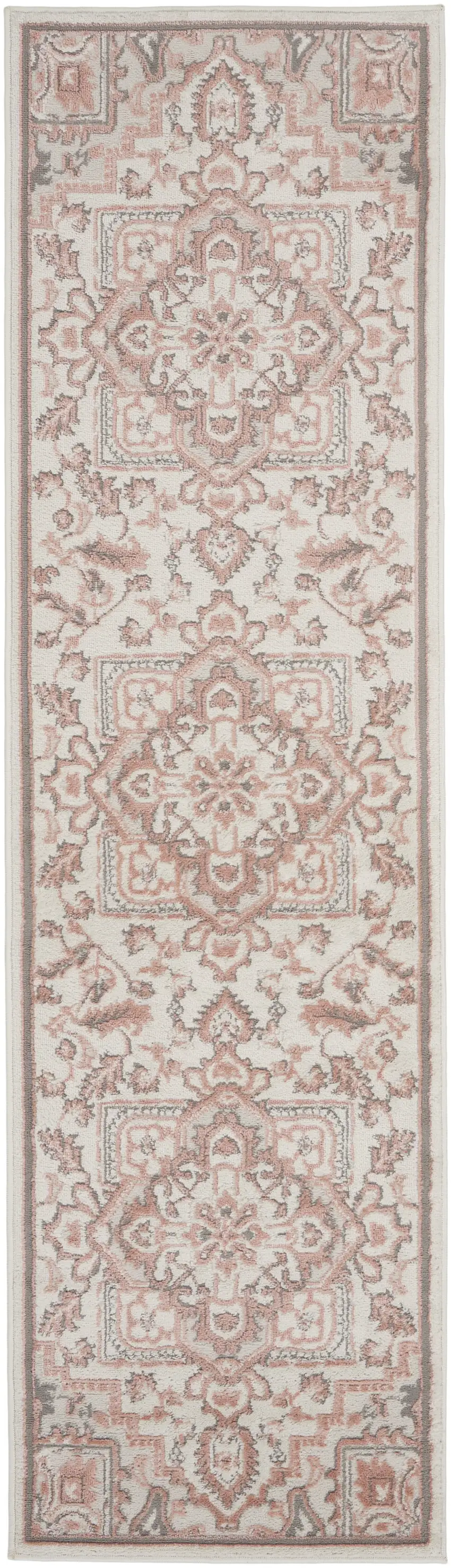 8' Ivory and Red Floral Non Skid Runner Rug Photo 1