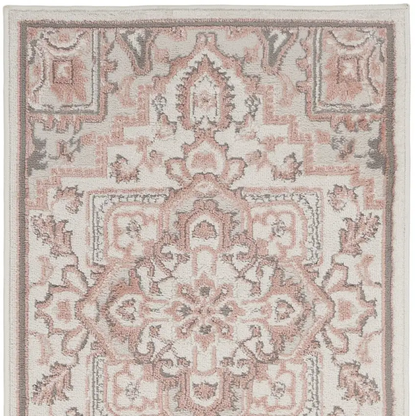 8' Ivory and Red Floral Non Skid Runner Rug Photo 9