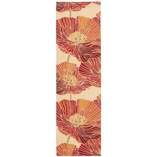 8' Ivory and Sunset Botanical Leaves Hand Hooked Runner Rug Photo 1