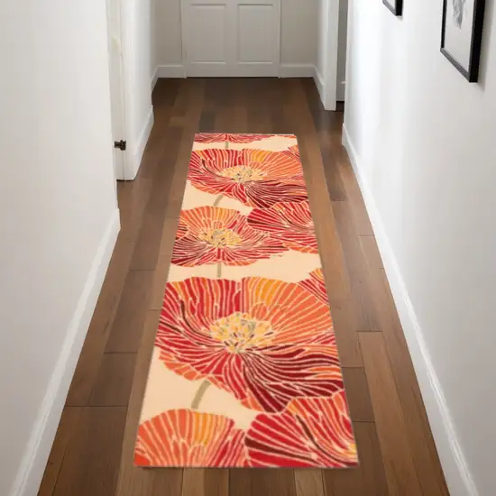 8' Ivory and Sunset Botanical Leaves Hand Hooked Runner Rug Photo 2