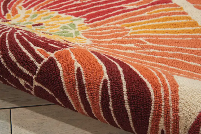 8' Ivory and Sunset Botanical Leaves Hand Hooked Runner Rug Photo 4