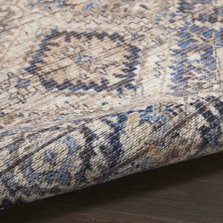 8' Ivory and Tan Floral Power Loom Distressed Washable Runner Rug Photo 8