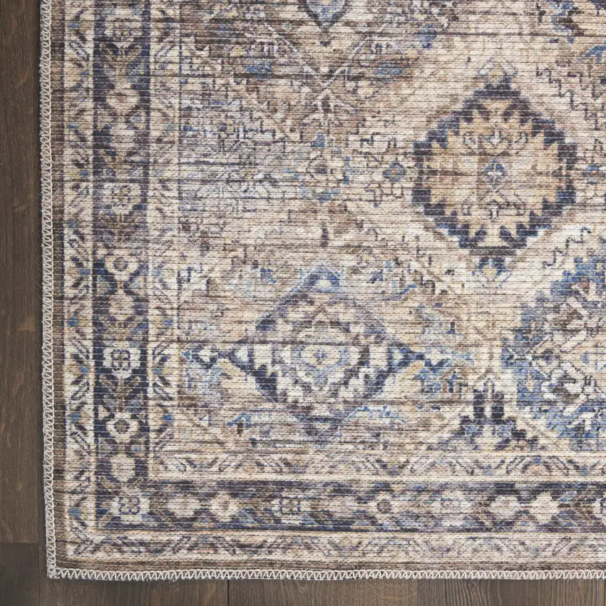 8' Ivory and Tan Floral Power Loom Distressed Washable Runner Rug Photo 8