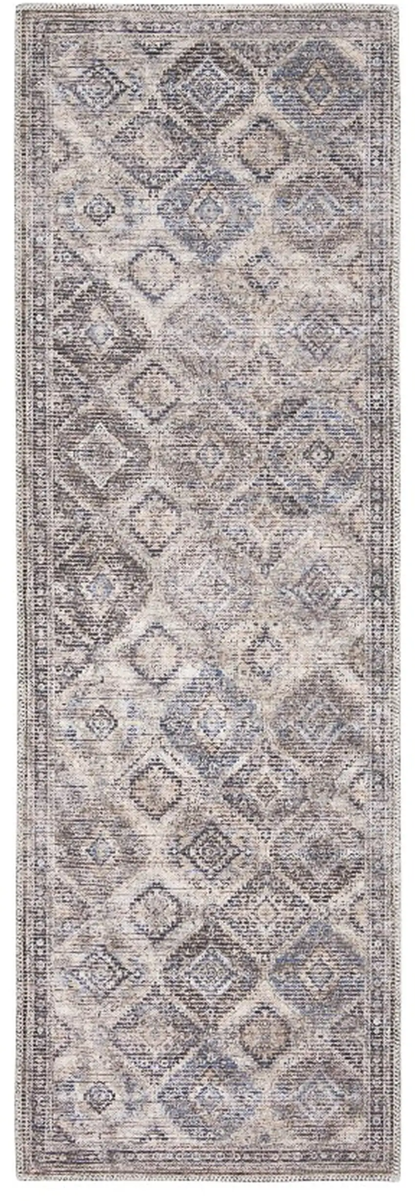 8' Ivory and Tan Floral Power Loom Distressed Washable Runner Rug Photo 2