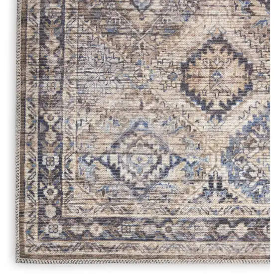 8' Ivory and Tan Floral Power Loom Distressed Washable Runner Rug Photo 9