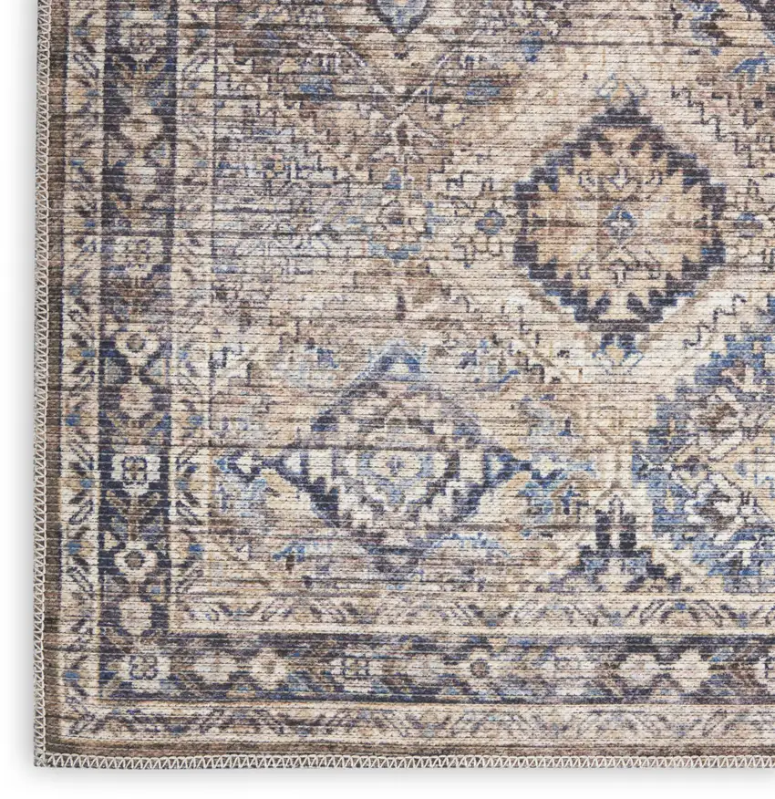 8' Ivory and Tan Floral Power Loom Distressed Washable Runner Rug Photo 9