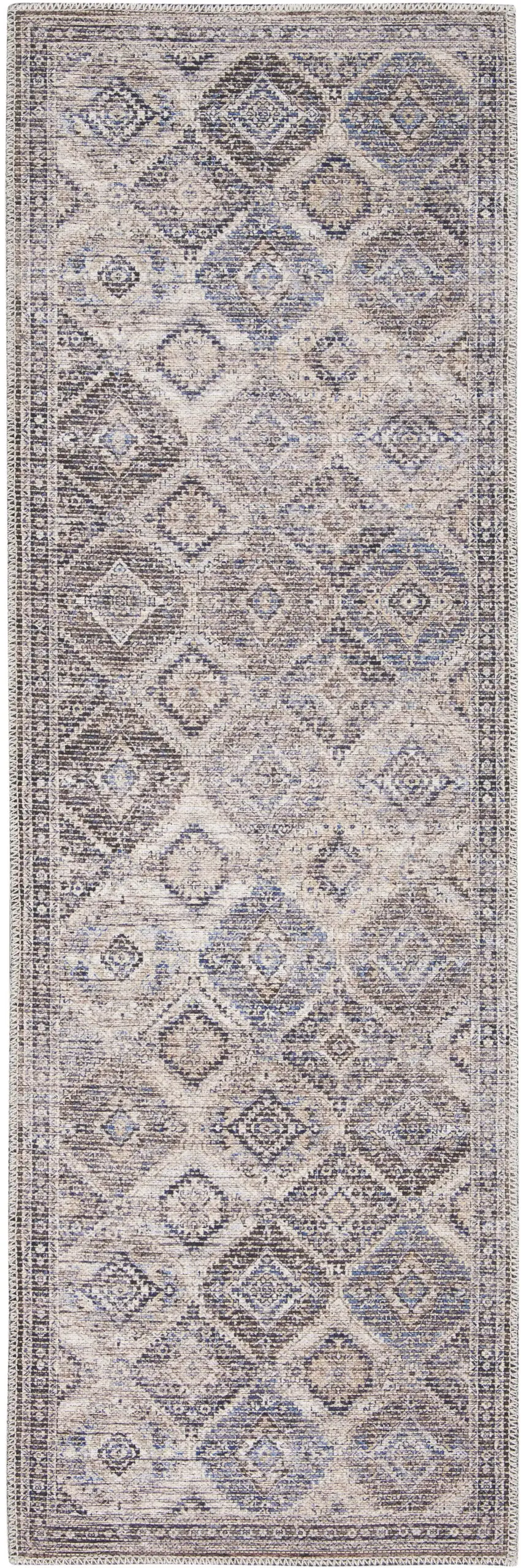 8' Ivory and Tan Floral Power Loom Distressed Washable Runner Rug Photo 3