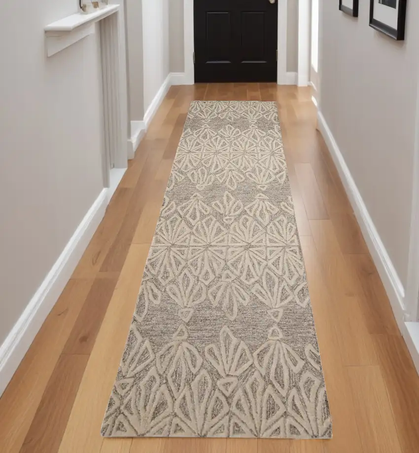 8' Ivory and Tan Geometric Hand Tufted Runner Rug Photo 1