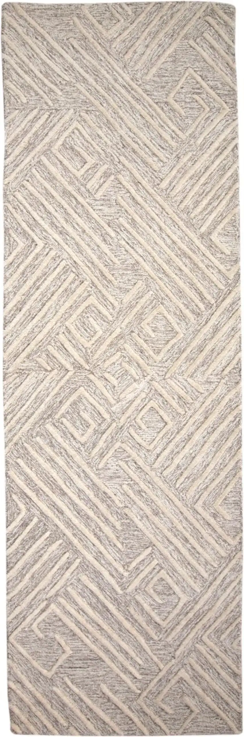 8' Ivory and Tan Geometric Hand Tufted Runner Rug Photo 5