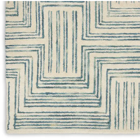 8' Ivory and Turquoise Wool Geometric Runner Rug Photo 7