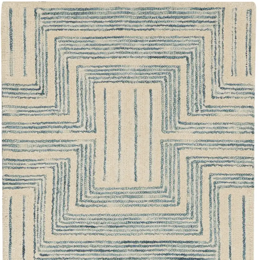 8' Ivory and Turquoise Wool Geometric Runner Rug Photo 8