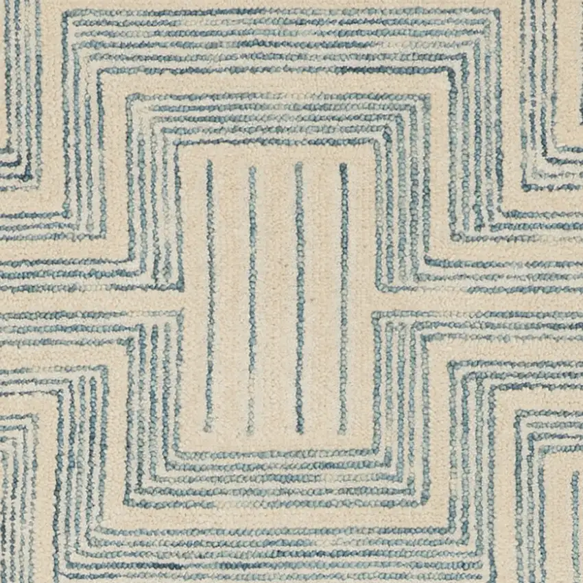 8' Ivory and Turquoise Wool Geometric Runner Rug Photo 7
